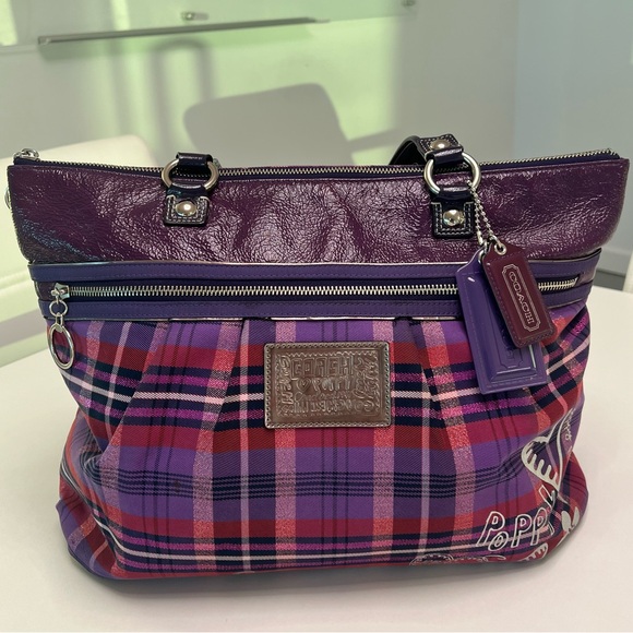 Coach Y2K Poppy Collection Tartan Canvas Purple Plaid Graffiti Tote/Shoulder Bag - Picture 10 of 16